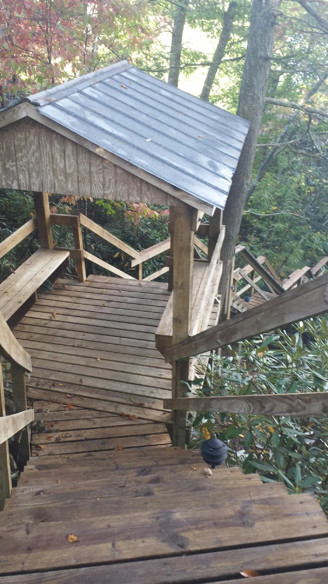 Metal roofed shelter over wooden steps on a wooded walkway — Skylight Repair & Installation work by our crew in Minotola